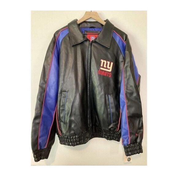 Vintage NFL Mens Large New York Giants Pleather Jacket Full Zip Black Blue NWT
